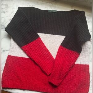Lauren Ralph Lauren Tri-Color Sweater - Black, White, Red 3/4 sleeve Small?